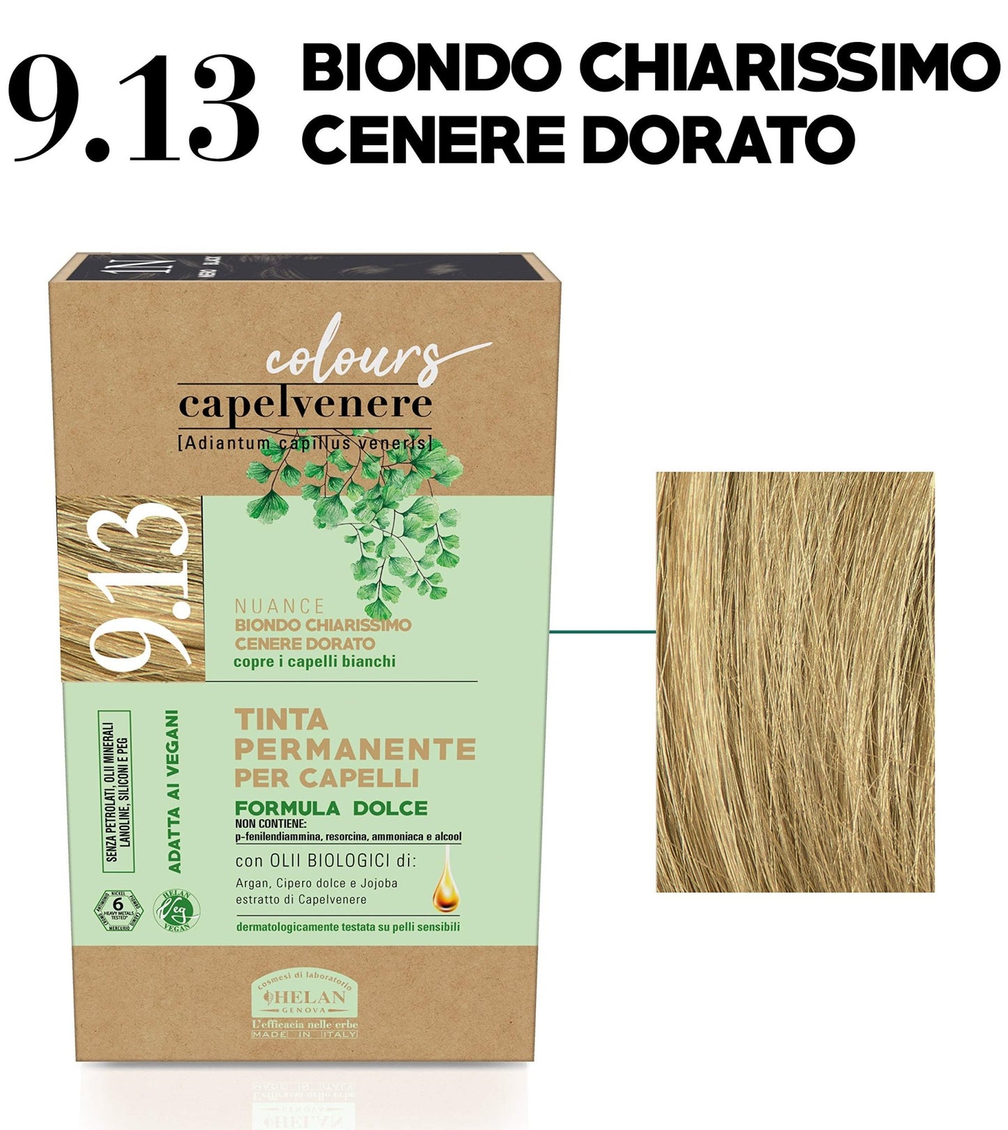 Helan, Capelvenere Colours, Tinta per Capelli Naturale Permanente Formula Dolce 9.13N Biondo Chiarissimo Cenere Dorato Colore Capelli Kit Facile Ottima Copertura Tinta Capelli senza Ammoniaca e Alcool - Naturopatica shop & therapy