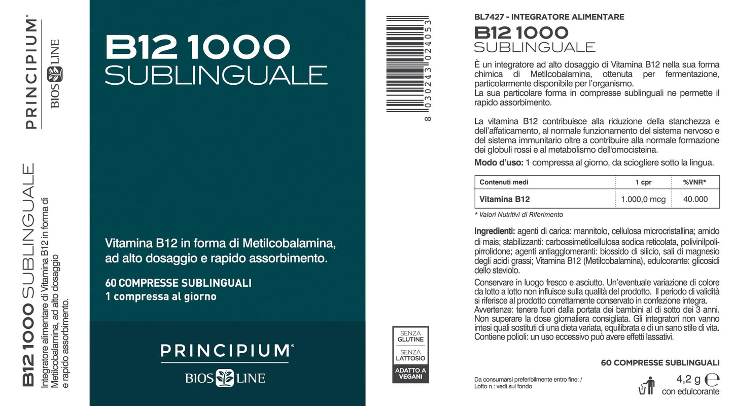 BIOS LINE Principium B12 1000 Sublinguale, Vitamina b12 in forma attiva contro stanchezza e affaticamento, Integratore sistema immunitario, Integratore vitamina b12 vegano, 60 compresse - Naturopatica shop & therapy
