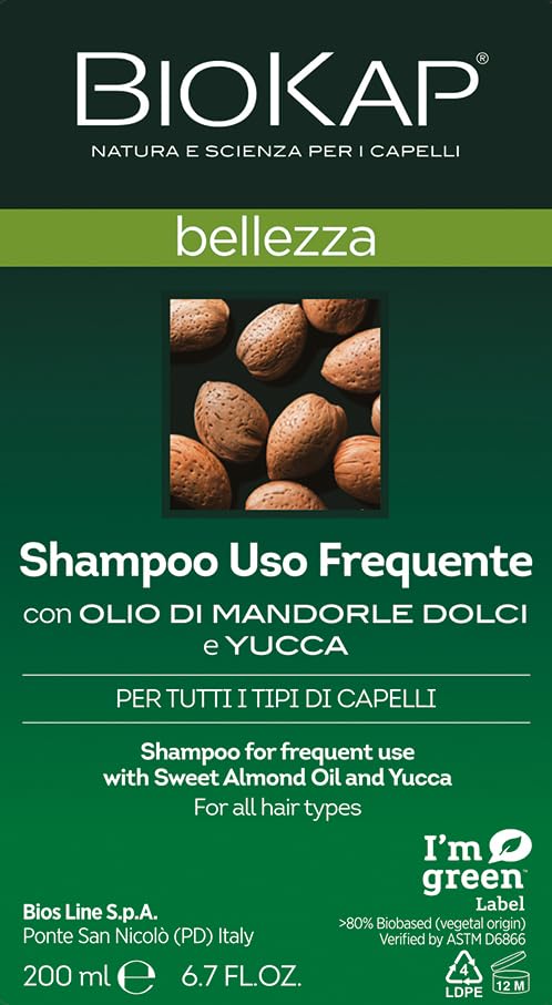 BIOKAP Shampoo idratante Uso Frequente, con Olio di Mandorle Dolci e Yucca Adatto a tutti i tipi di capellI, Rende i capelli luminosi, 200 ml - Naturopatica shop & therapy