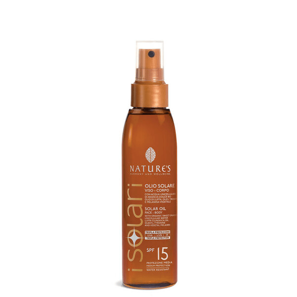 Nature's - iSolari, Olio Solare Spray Viso e Corpo SPF 15, Protezione Solare, Olio Spray corpo, Ideale Anche Per Capelli, 150 ml - Naturopatica shop & therapy