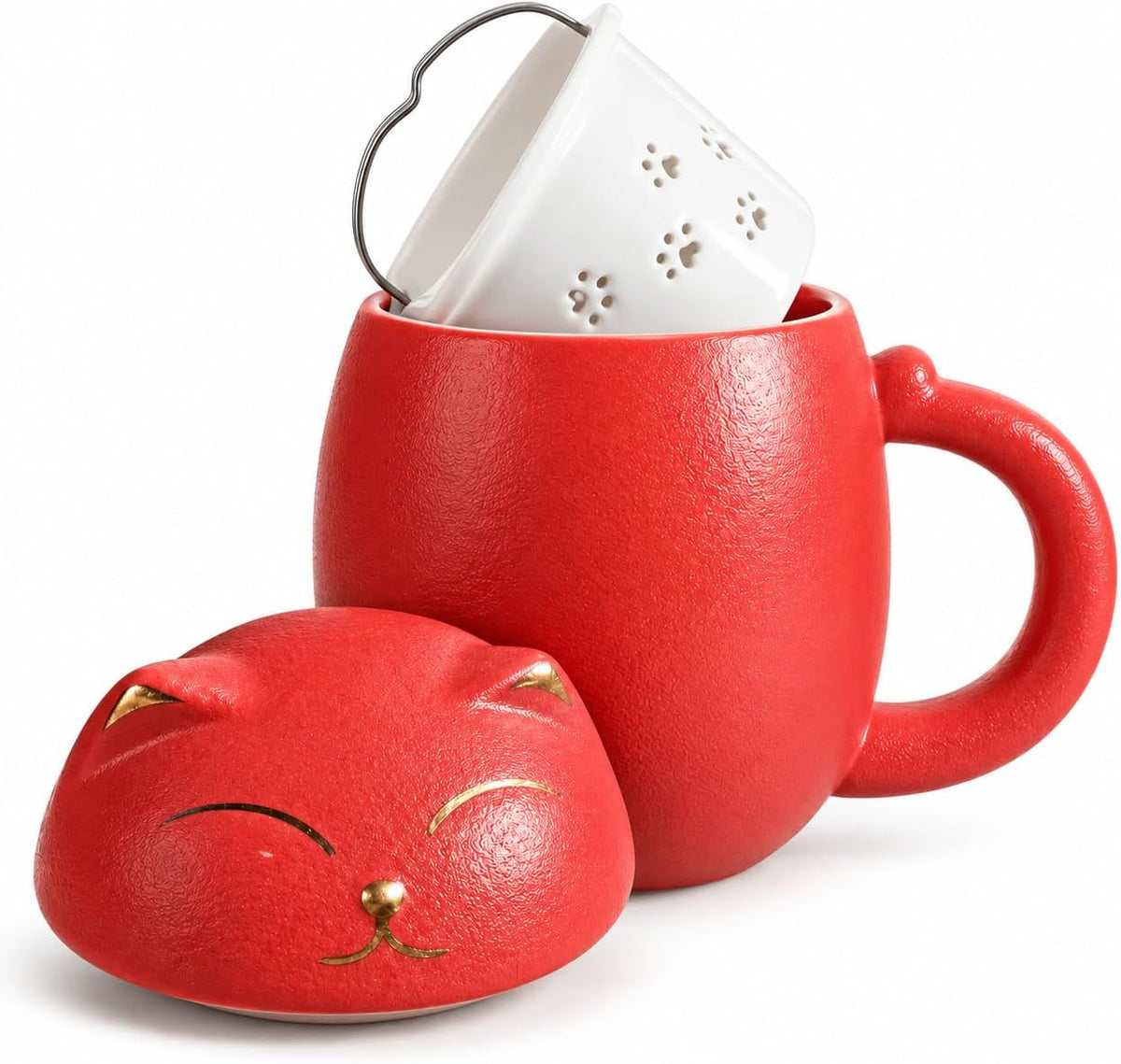Generico Tazza a Forma di Gatto con Coperchio, Rossa in Ceramica