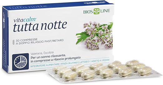BIOS LINE VitaCalm Tutta Notte, Integratore Alimentare per Dormire, Integratore Rilassante a Doppio Rilascio, Favorisce il Rilassamento e l'Addormentamento, 30 Compresse Senza Glutine - Naturopatica shop & therapy