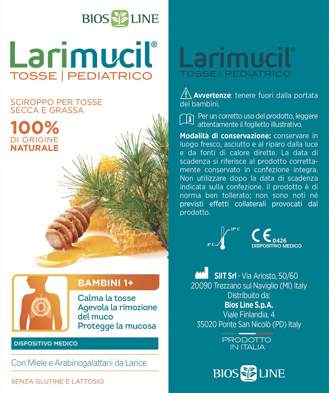 BIOS LINE Larimucil Tosse Pediatrico Sciroppo, Dispositivo Medico, Sciroppo Bambini Per Tosse Secca e Grassa, Gusto Gradevole Mela, Senza Gliutine e Lattosio, Flacone 175 ml - Naturopatica shop & therapy