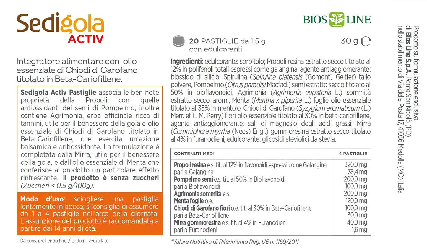 BIOS LINE Sedigola Activ 20 Pastiglie Gusto Menta Fredda, Integratore Alimentare per il Benessere della Gola, con Propoli e Oli Essenziali, Senza Zuccheri - Naturopatica shop & therapy
