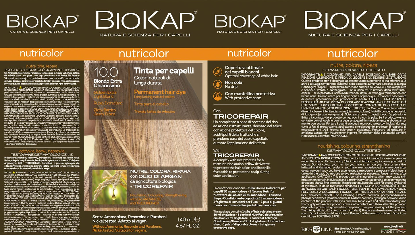 BIOKAP Nutricolor, Tinta capelli Senza Ammoniaca, Colorazione Capelli, Nutre, Colora e Ripara, 10.0 Biondo Extra Chiarissimo, 140ml - Naturopatica shop & therapy