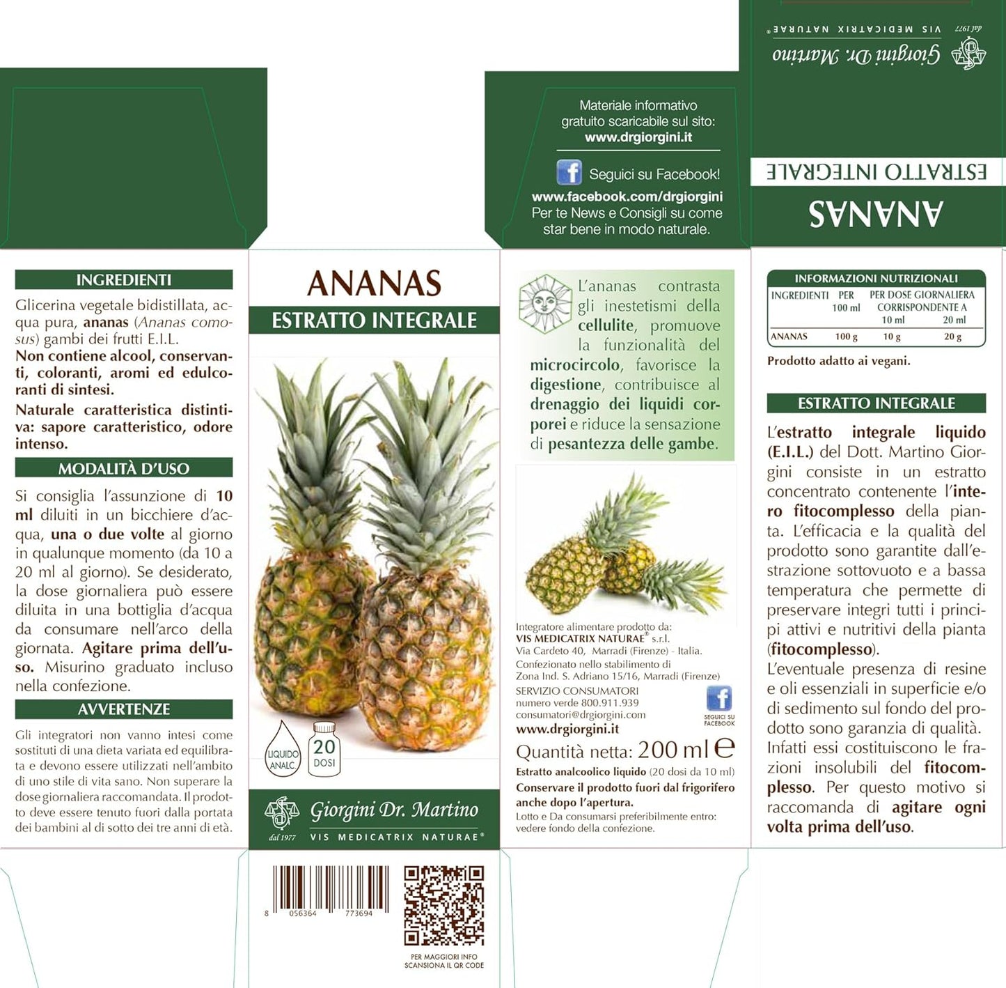 Dr Giorgini Integratore Alimentare, Ananas Estratto Integrale Liquido Analcoolico - 200 ml