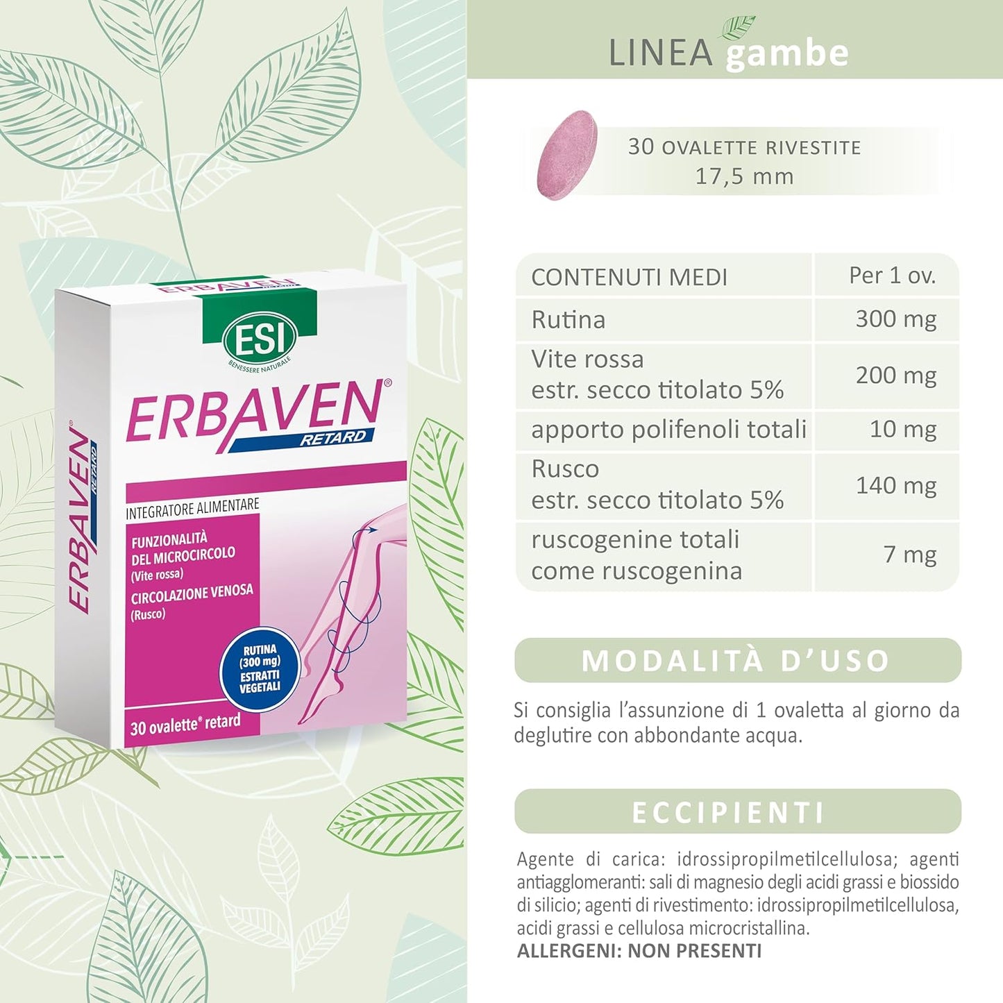 ESI - Erbaven Retard, Integratore Alimentare a Base di Vite Rossa, Rutina e Rusco, Favorisce la Funzionalità del Microcircolo e la Circolazione Venosa, Senza Glutine e Vegano, 30 Ovalette Retard