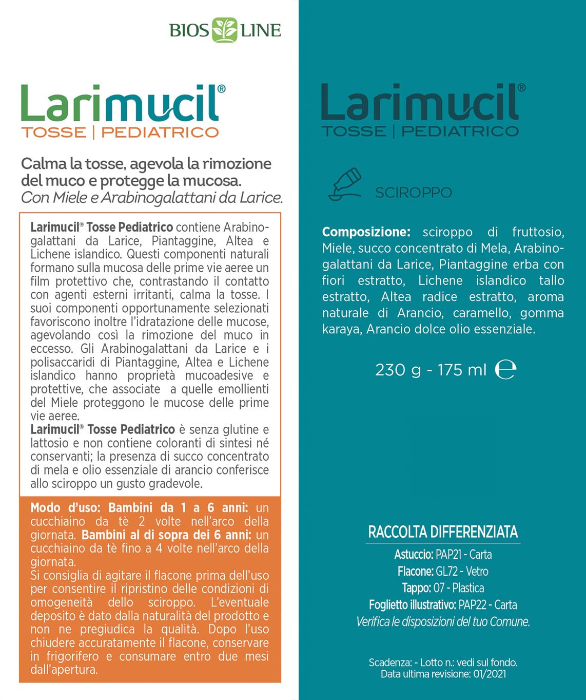 BIOS LINE Larimucil Tosse Pediatrico Sciroppo, Dispositivo Medico, Sciroppo Bambini Per Tosse Secca e Grassa, Gusto Gradevole Mela, Senza Gliutine e Lattosio, Flacone 175 ml - Naturopatica shop & therapy