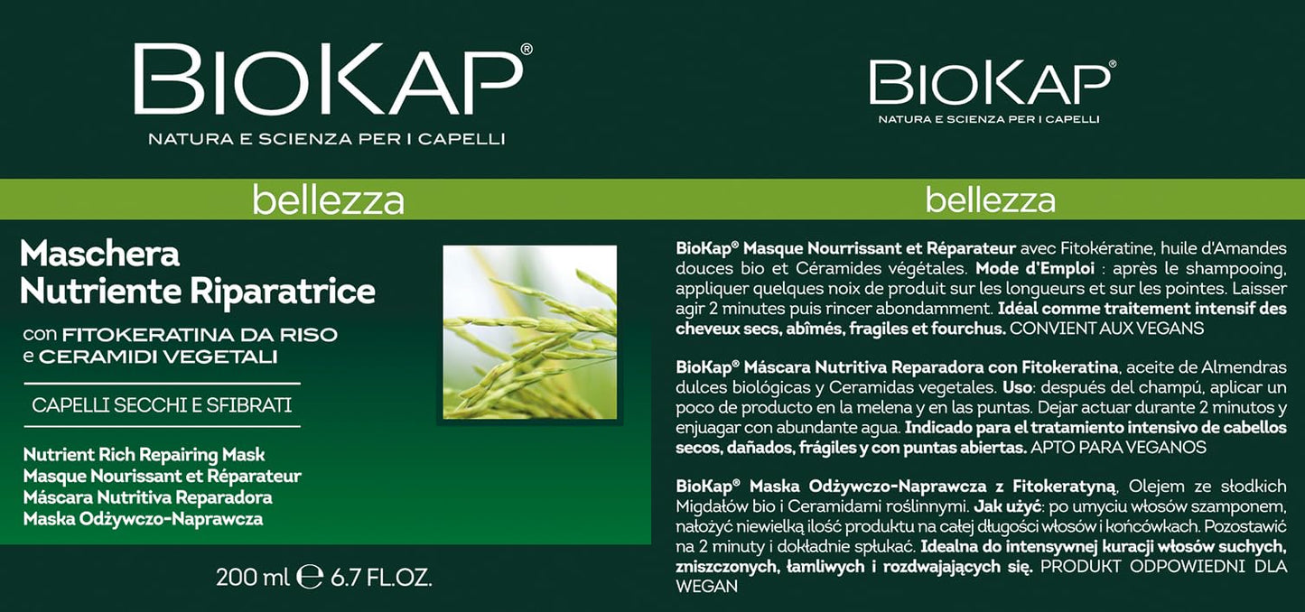 BIOKAP Maschera Nutriente Riparatrice, Maschera Capelli Secchi e Sfibrati, con FitoKeratina da Riso, Olio di Mandorle Dolci Bio e Ceramidi Vegetali, 200 ml - Naturopatica shop & therapy