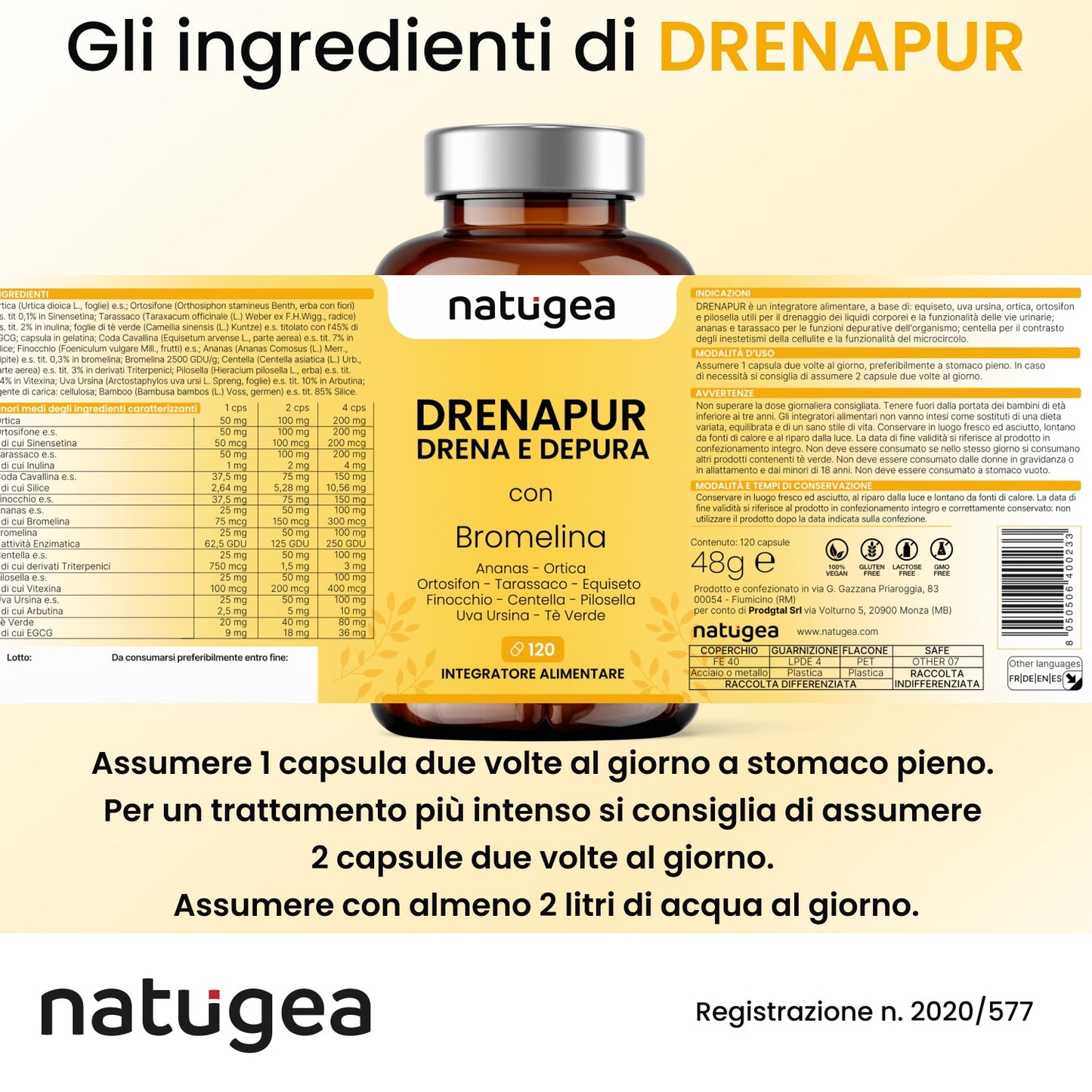 Integratore Drenante Naturale – Ananas, Centella, Ortosifon e Tarassaco – Drenaggio Liquidi e Cellulite – 120 Cps