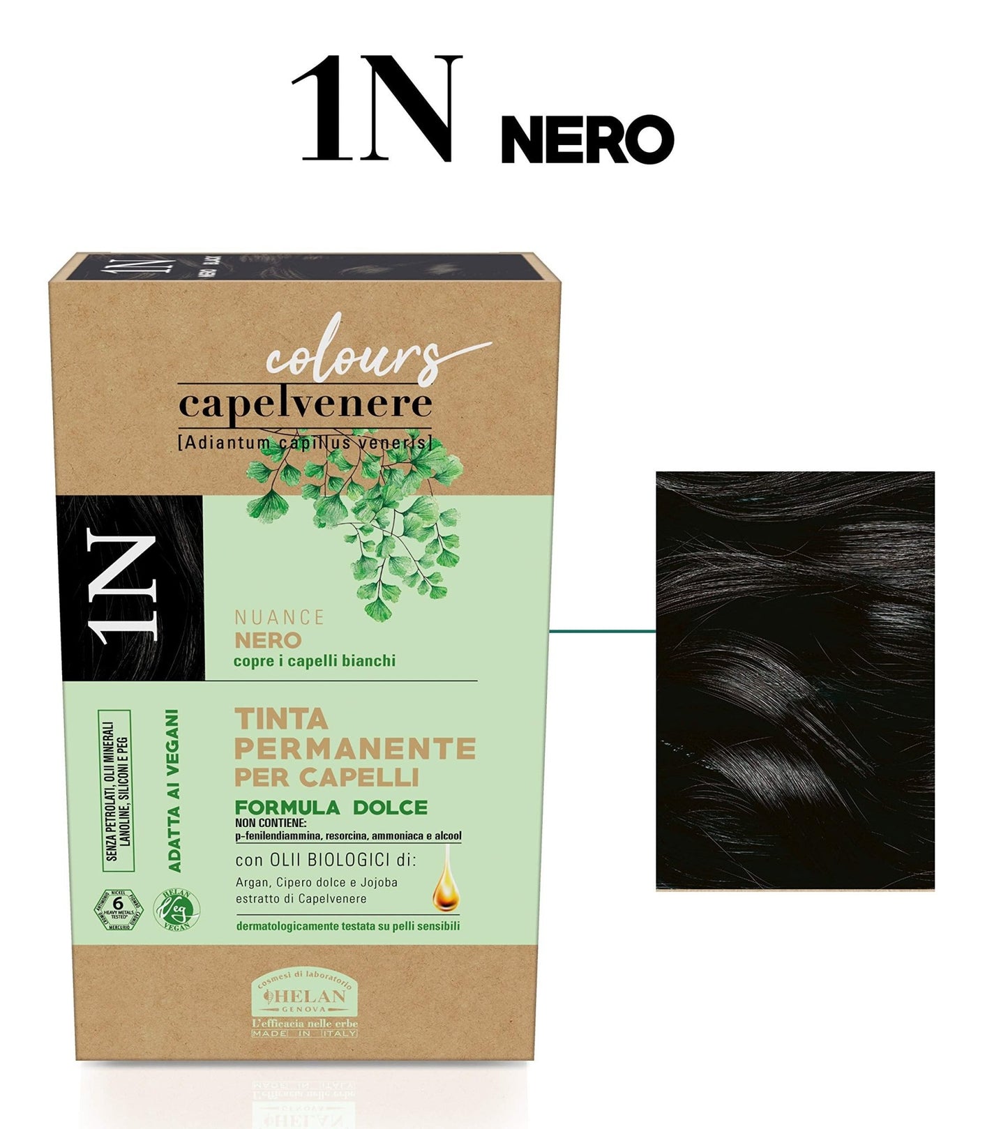 Helan, Capelvenere Colours, Tinta per Capelli Naturale Permanente, Formula Dolce Nuance 1N Nero - Kit Facile Applicazione Inodore, Ottima Copertura - Tinta Capelli senza Ammoniaca e Alcool, 125 ml - Naturopatica shop & therapy
