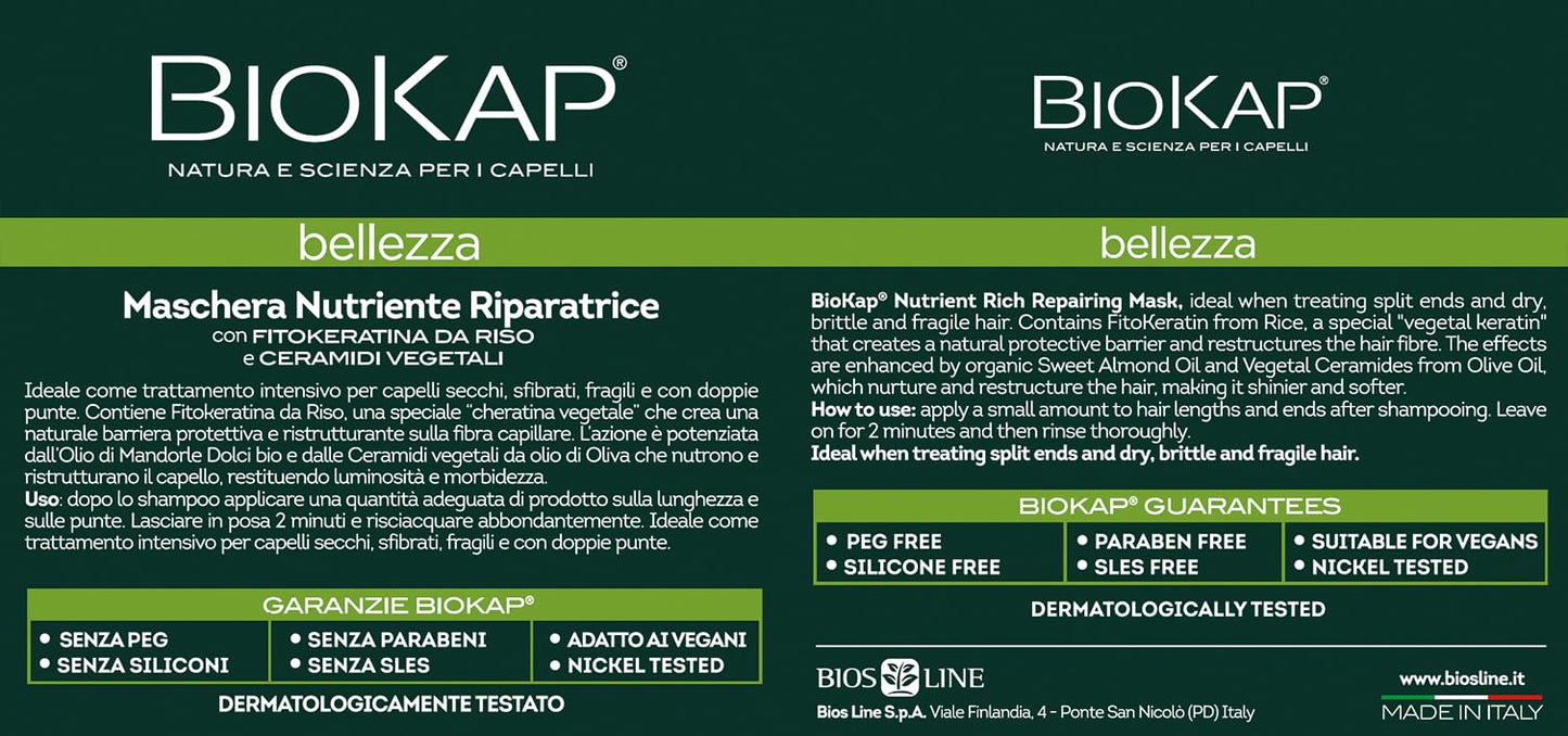 BIOKAP Maschera Nutriente Riparatrice, Maschera Capelli Secchi e Sfibrati, con FitoKeratina da Riso, Olio di Mandorle Dolci Bio e Ceramidi Vegetali, 200 ml - Naturopatica shop & therapy
