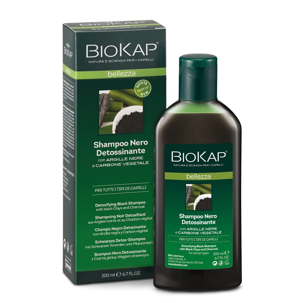 BIOKAP Bellezza Shampoo Nero, Shampoo per capelli con Argilla nera e Carbone vegetale, Shampoo detossinante che purifica il cuoio capelluto, Anti sebo, 200 ml - Naturopatica shop & therapy