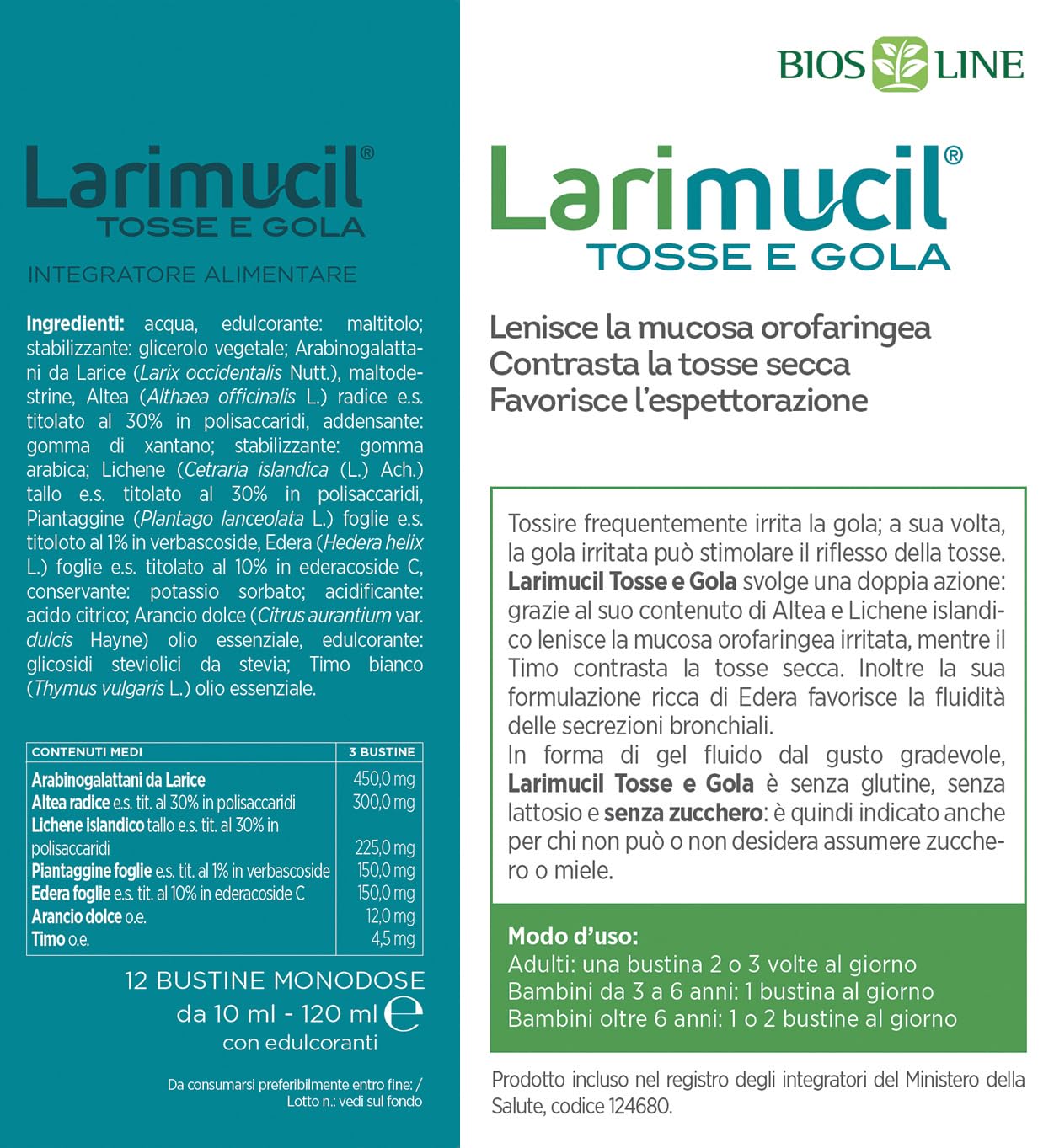BIOS LINE Larimucil Tosse e Gola, Integratore Alimentare, Integratore Tosse, Gel Fluido Contrasta Tosse Secca e Grassa, Lenisce la Mucosa Orofaringea, 12 Bustine Monodose 10ml Senza Zucchero - Naturopatica shop & therapy
