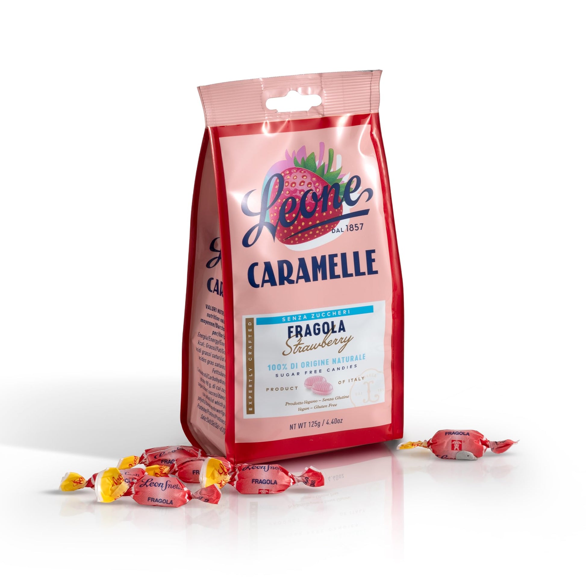 Leone dal 1857 - Caramelle Senza Zucchero Fragola - Caramelle gusto Fragola Senza Glutine e Vegane - 2 Sacchetti Caramelle Dure da 125g (2 x 125g) - Naturopatica shop & therapy