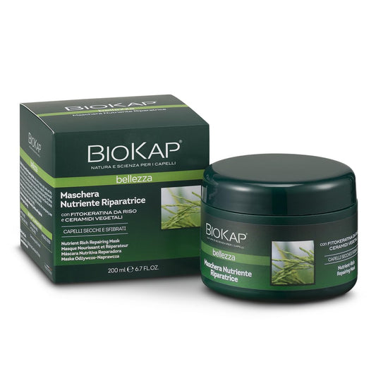 BIOKAP Maschera Nutriente Riparatrice, Maschera Capelli Secchi e Sfibrati, con FitoKeratina da Riso, Olio di Mandorle Dolci Bio e Ceramidi Vegetali, 200 ml - Naturopatica shop & therapy