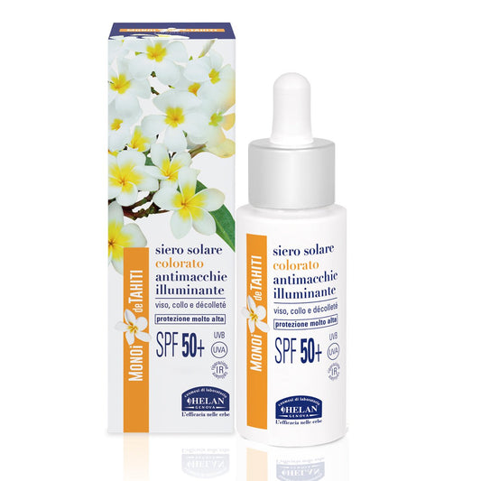 Helan Monoï de Tahiti - Siero Viso Antimacchia Idratante Colorato con Vitamina C e E, Skincare Protezione Solare 50+ Viso Tutela Collagene contro Luce Blu, Illuminante Viso Make Up Skin Care 2in1 30ml - Naturopatica shop & therapy