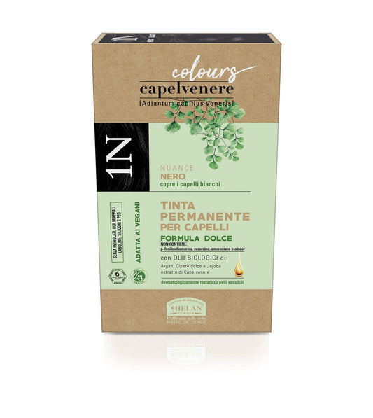 Helan, Capelvenere Colours, Tinta per Capelli Naturale Permanente, Formula Dolce Nuance 1N Nero - Kit Facile Applicazione Inodore, Ottima Copertura - Tinta Capelli senza Ammoniaca e Alcool, 125 ml - Naturopatica shop & therapy