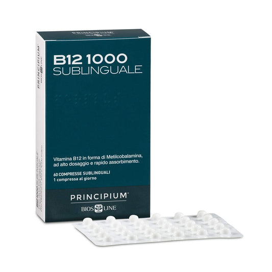 BIOS LINE Principium B12 1000 Sublinguale, Vitamina b12 in forma attiva contro stanchezza e affaticamento, Integratore sistema immunitario, Integratore vitamina b12 vegano, 60 compresse - Naturopatica shop & therapy
