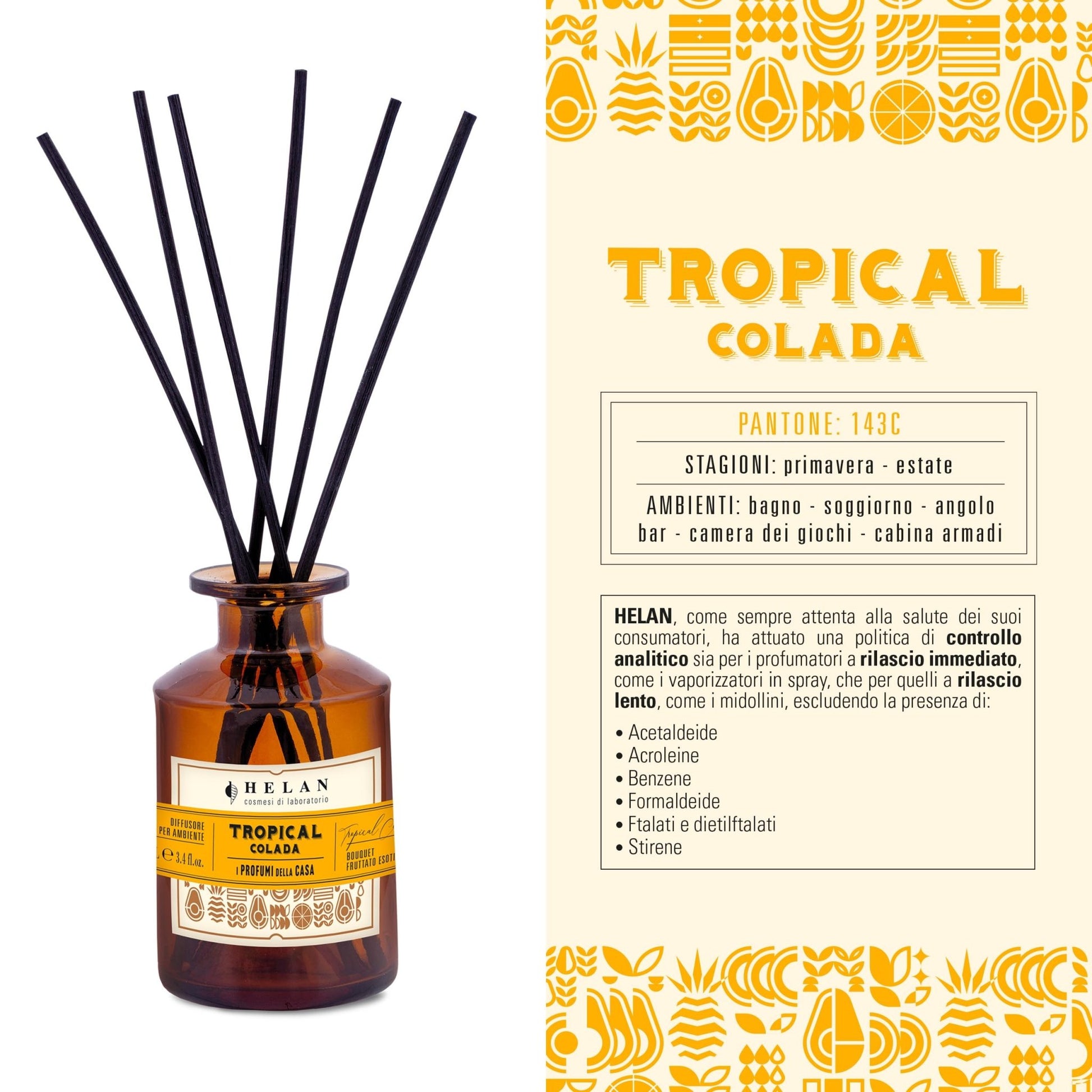 Helan Tropical Colada - Profumatore per Ambienti, Profumo Ambiente con Bastoncini per Diffusori con Kiwi, Miele, Melone e Vaniglia, Idee Regalo Deodorante e Profumatori Ambiente 100 ml - Made in Italy - Naturopatica shop & therapy