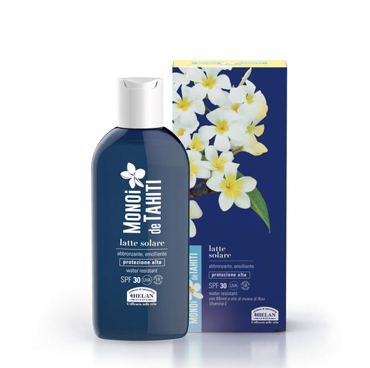 Helan, Monoi de Tahiti - Crema Solare 30 SPF Protezione Solare Alta Water Resistant, Crema Abbronzante Corpo Emolliente con Vitamina E, Crema Corpo Profumata Idratante con Olio Crusca di Riso, 200 ml - Naturopatica shop & therapy