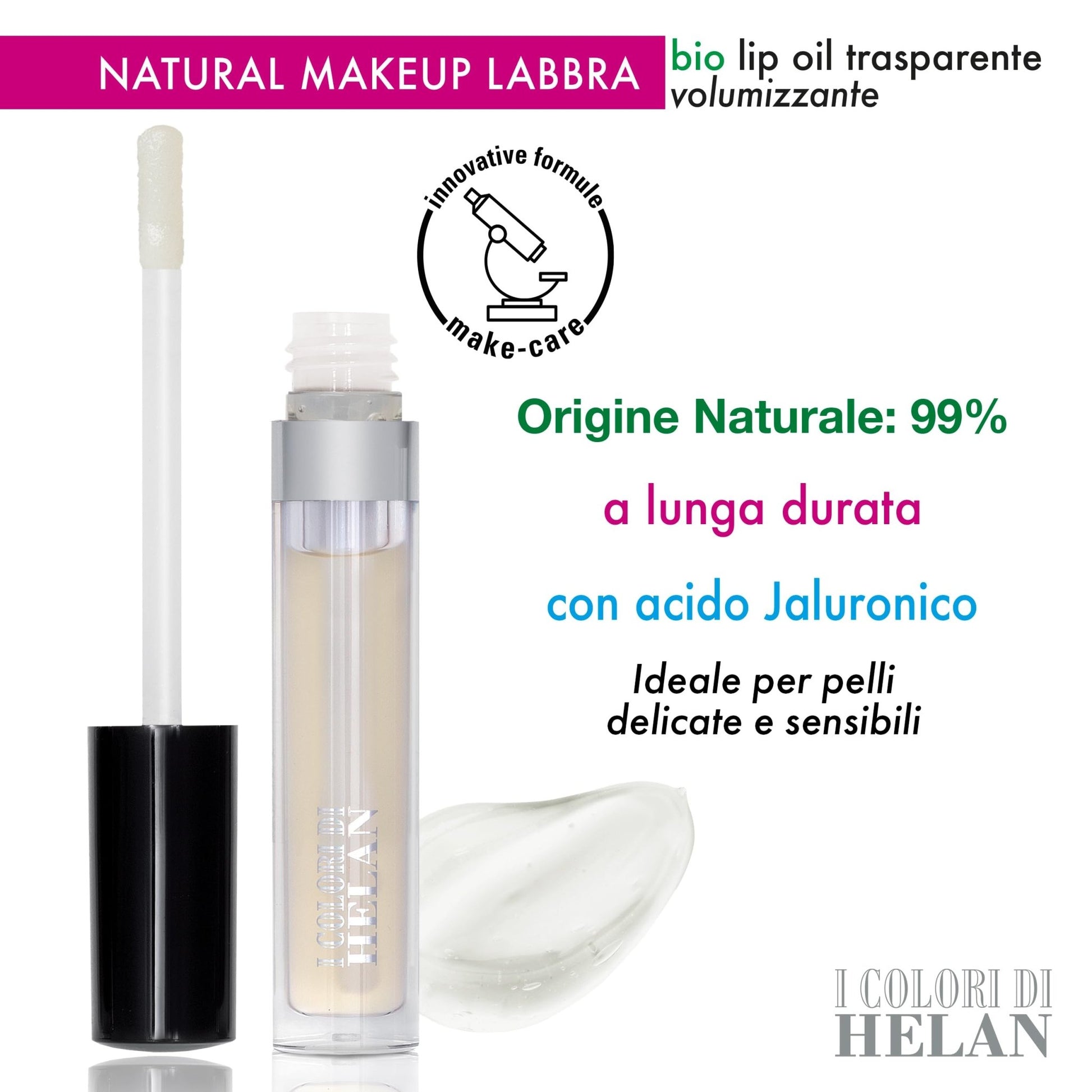 Helan I Colori di Helan - Lucidalabbra Volumizzante per Make Up Lunga Durata, Lip Gloss Labbra Balsamo Idratante con Olio di Ricino e Acido Ialuronico, Lip Oil Bio con Vitamina E Makeup no Sticky, 3ml - Naturopatica shop & therapy