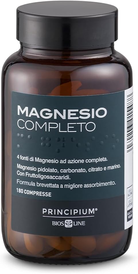BIOS LINE Principium, Magnesio completo Brevettato con miglior assorbimento, 4 Fonti di Magnesio Integratore Anti stress, 180 Compresse, Prodotto Adatto ai Vegani