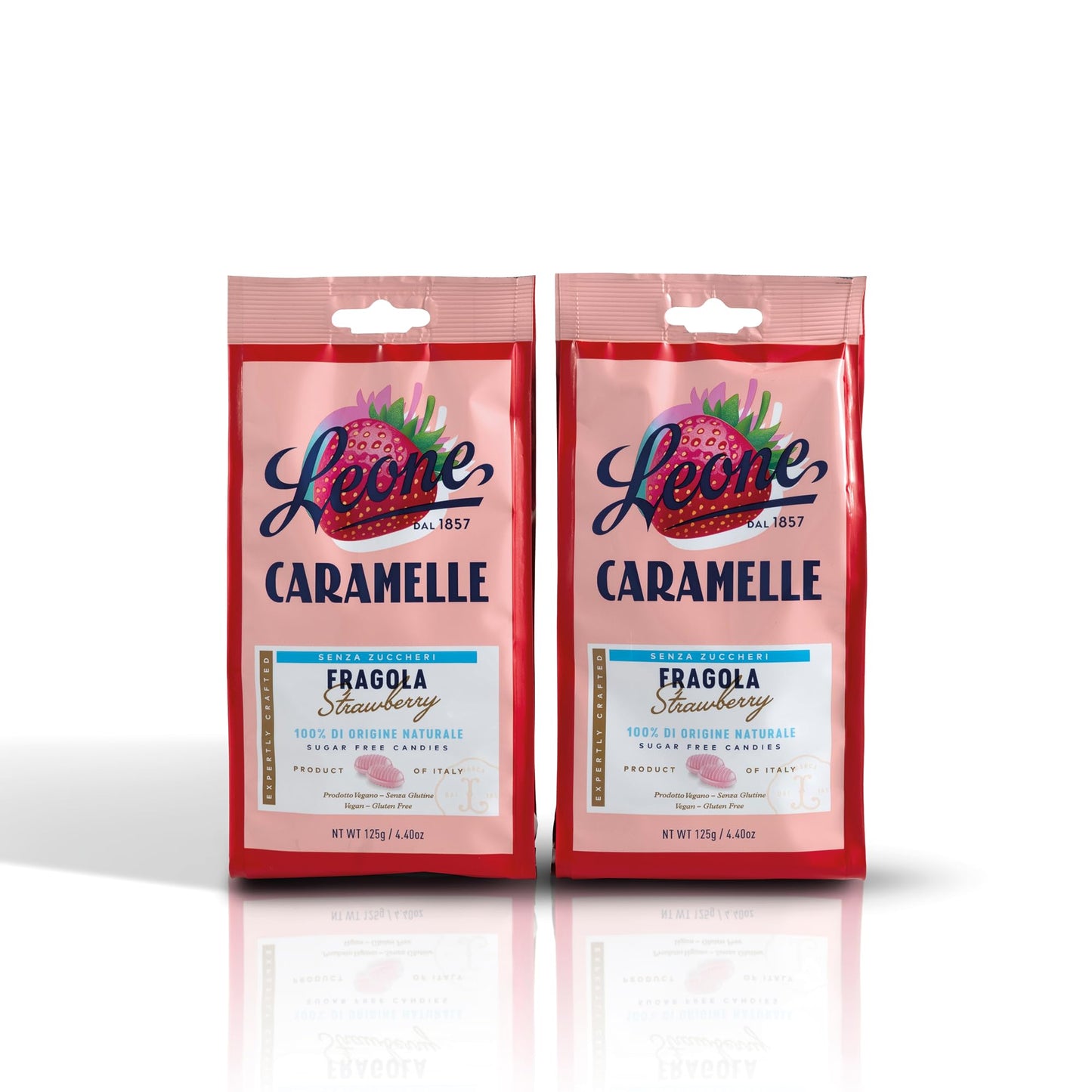 Leone dal 1857 - Caramelle Senza Zucchero Fragola - Caramelle gusto Fragola Senza Glutine e Vegane - 2 Sacchetti Caramelle Dure da 125g (2 x 125g) - Naturopatica shop & therapy