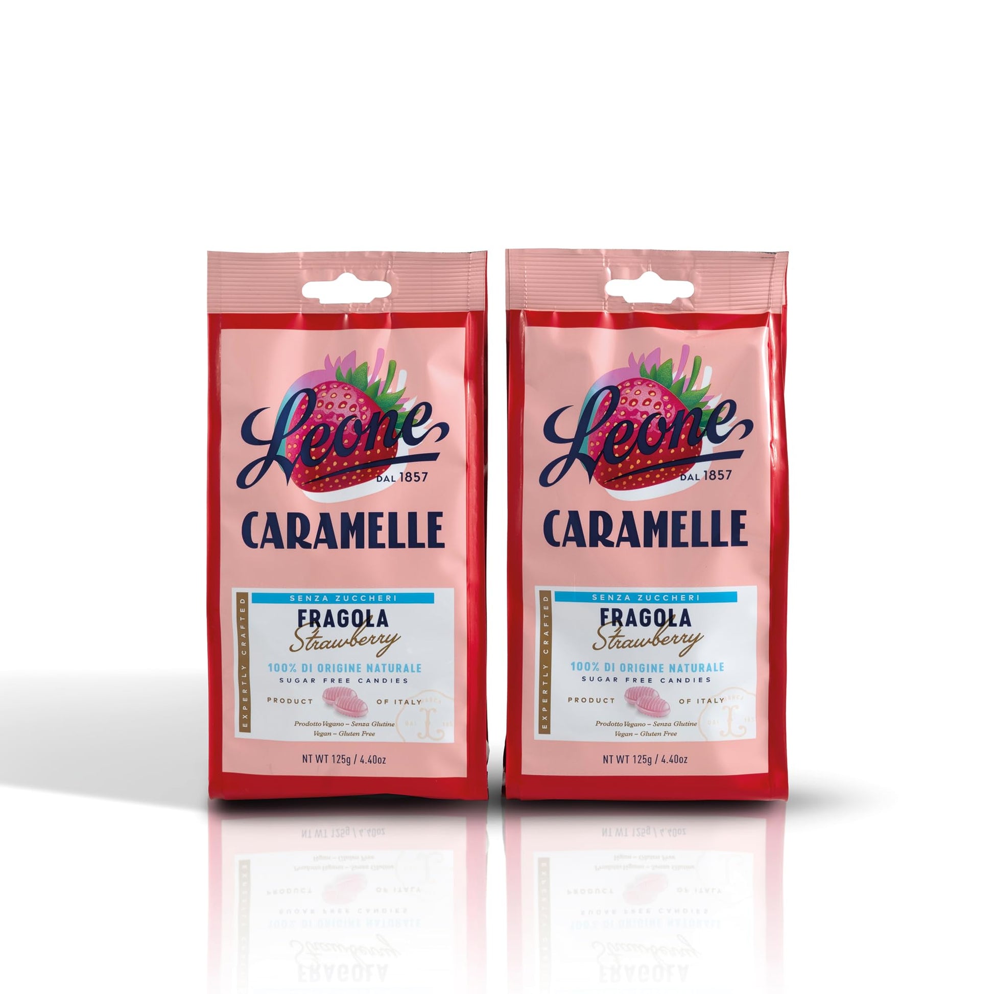 Leone dal 1857 - Caramelle Senza Zucchero Fragola - Caramelle gusto Fragola Senza Glutine e Vegane - 2 Sacchetti Caramelle Dure da 125g (2 x 125g) - Naturopatica shop & therapy