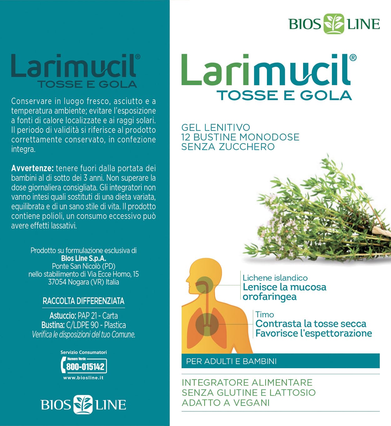 BIOS LINE Larimucil Tosse e Gola, Integratore Alimentare, Integratore Tosse, Gel Fluido Contrasta Tosse Secca e Grassa, Lenisce la Mucosa Orofaringea, 12 Bustine Monodose 10ml Senza Zucchero - Naturopatica shop & therapy