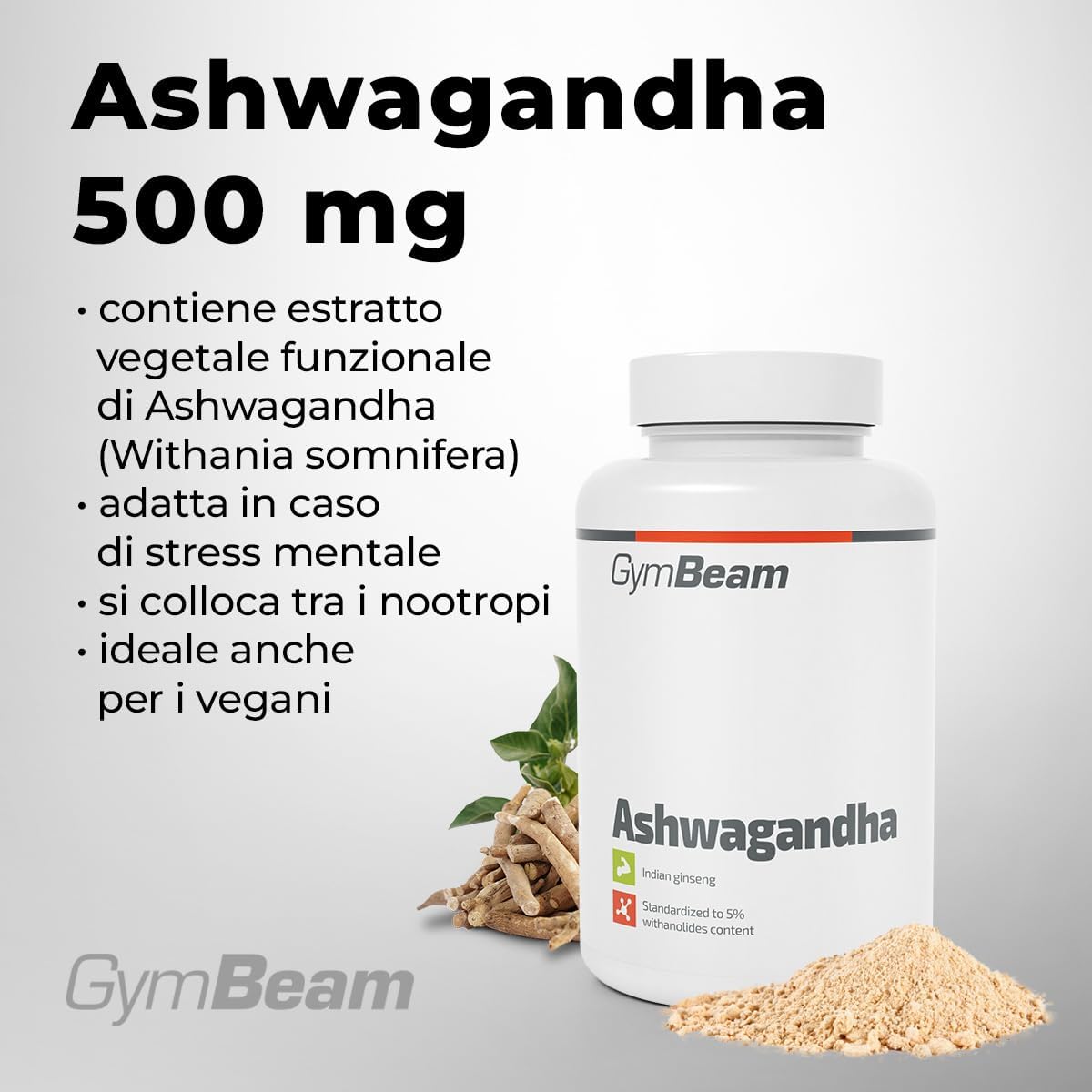 GymBeam Ashwagandha, Withania Somnifera, Ginseng Indiano, 500mg di Estratto, 5% Withanolides, Adattogeni per Resistenza e Gestione dello Stress, Pratiche Capsule (90 cps)