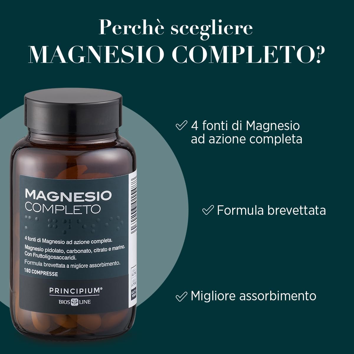 BIOS LINE Principium, Magnesio completo Brevettato con miglior assorbimento, 4 Fonti di Magnesio Integratore Anti stress, 180 Compresse, Prodotto Adatto ai Vegani