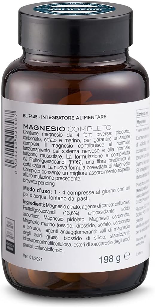 BIOS LINE Principium, Magnesio completo Brevettato con miglior assorbimento, 4 Fonti di Magnesio Integratore Anti stress, 180 Compresse, Prodotto Adatto ai Vegani