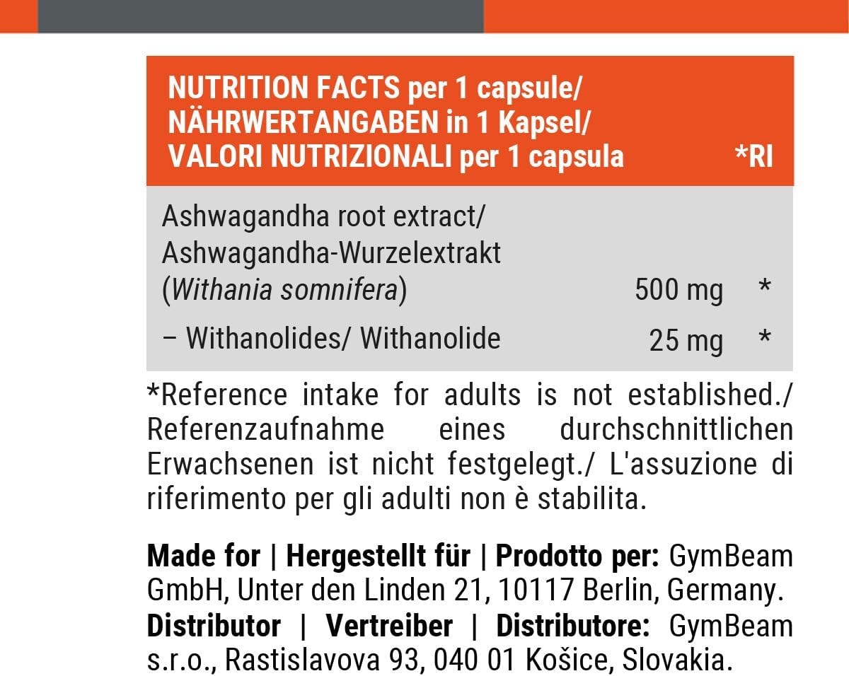 GymBeam Ashwagandha, Withania Somnifera, Ginseng Indiano, 500mg di Estratto, 5% Withanolides, Adattogeni per Resistenza e Gestione dello Stress, Pratiche Capsule (90 cps)