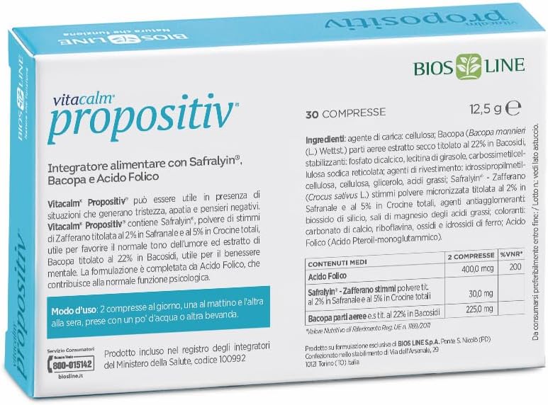 BIOS LINE VitaCalm Propositiv, Integratore alimentare con Safralyin, Polvere di stimmi di Zafferano ed estratto di Bacopa, 30 Compresse per regolarizzare l'umore e ritrovare la positività