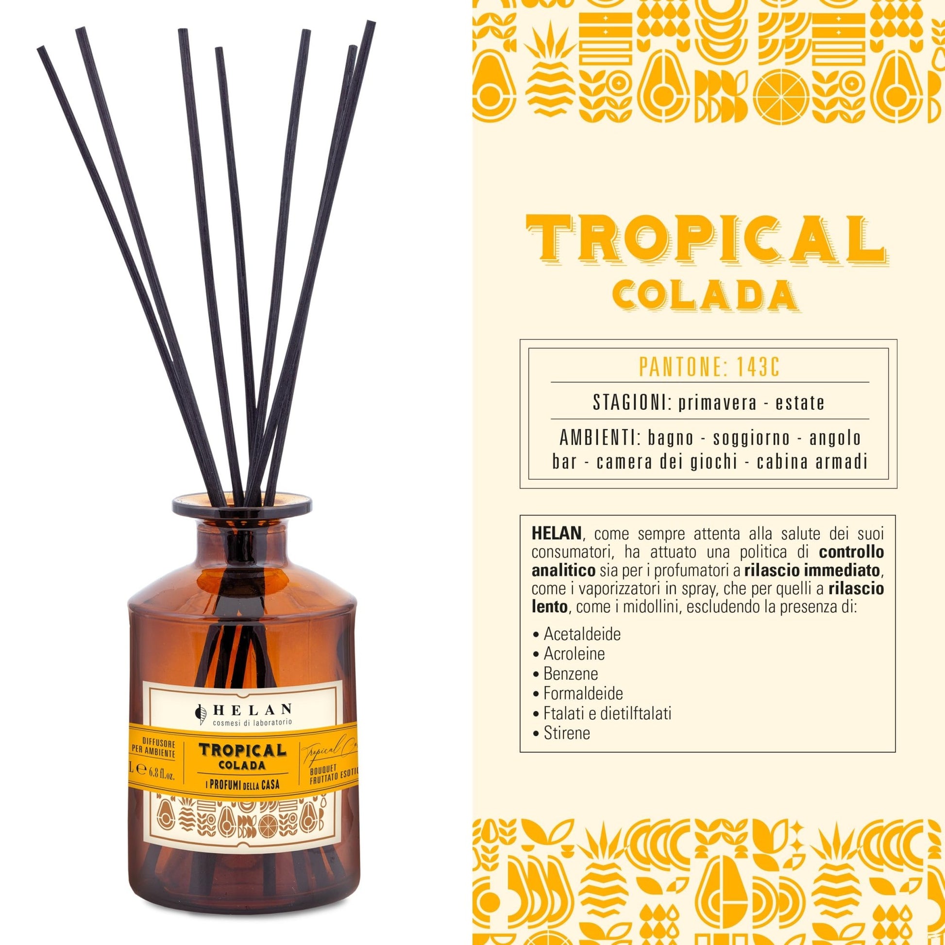 Helan Tropical Colada - Profumatore per Ambienti, Profumo Ambiente con Bastoncini per Diffusori con Kiwi, Miele, Melone e Vaniglia, Idee Regalo Deodorante e Profumatori Ambiente 200 ml - Made in Italy - Naturopatica shop & therapy