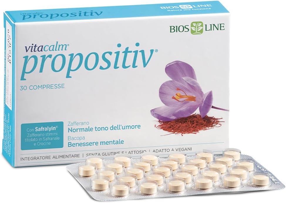 BIOS LINE VitaCalm Propositiv, Integratore alimentare con Safralyin, Polvere di stimmi di Zafferano ed estratto di Bacopa, 30 Compresse per regolarizzare l'umore e ritrovare la positività