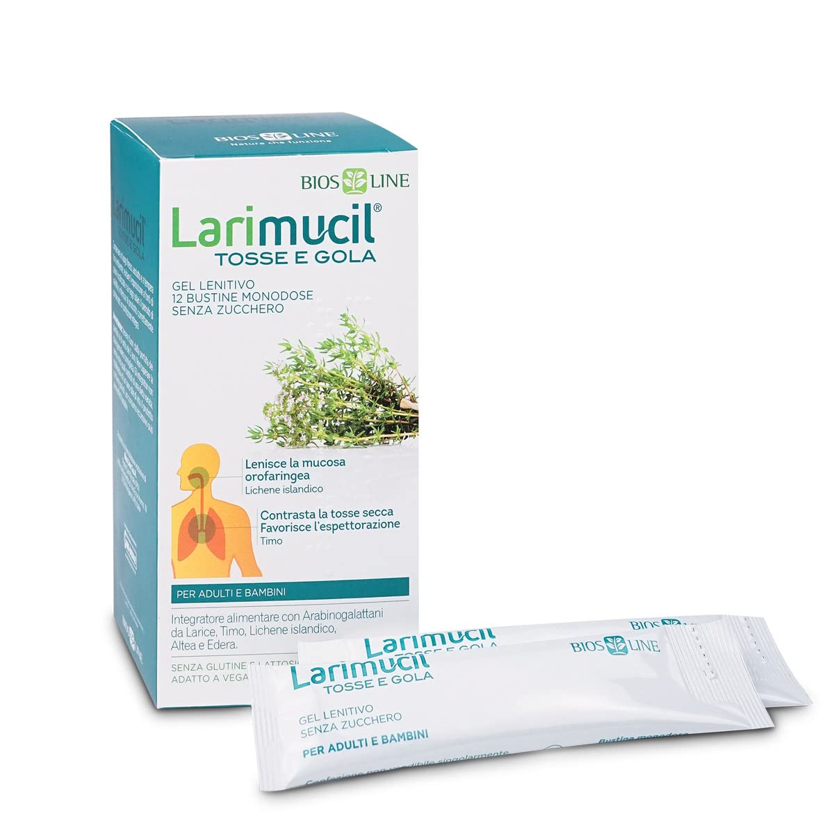 BIOS LINE Larimucil Tosse e Gola, Integratore Alimentare, Integratore Tosse, Gel Fluido Contrasta Tosse Secca e Grassa, Lenisce la Mucosa Orofaringea, 12 Bustine Monodose 10ml Senza Zucchero - Naturopatica shop & therapy