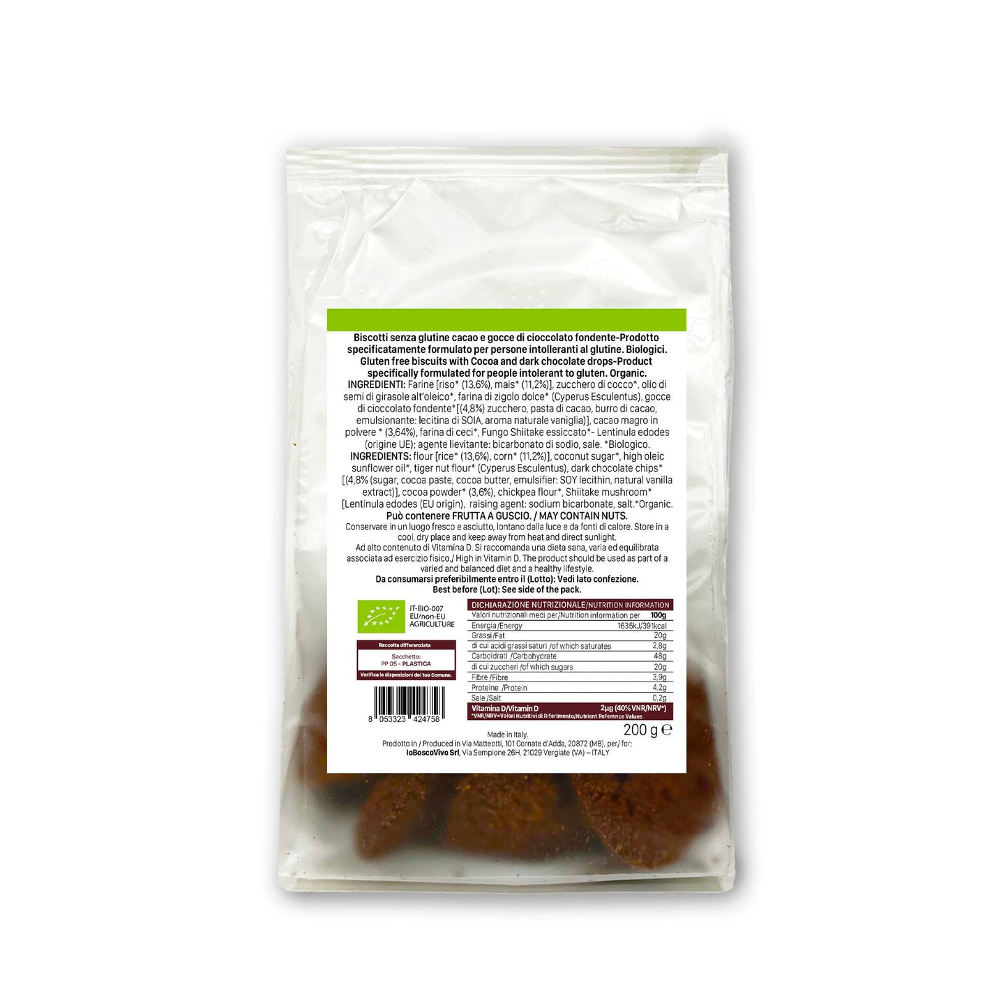 Biscotti S/Glutine al Cacao e gocce di Cioccolato fondente BIO 200g