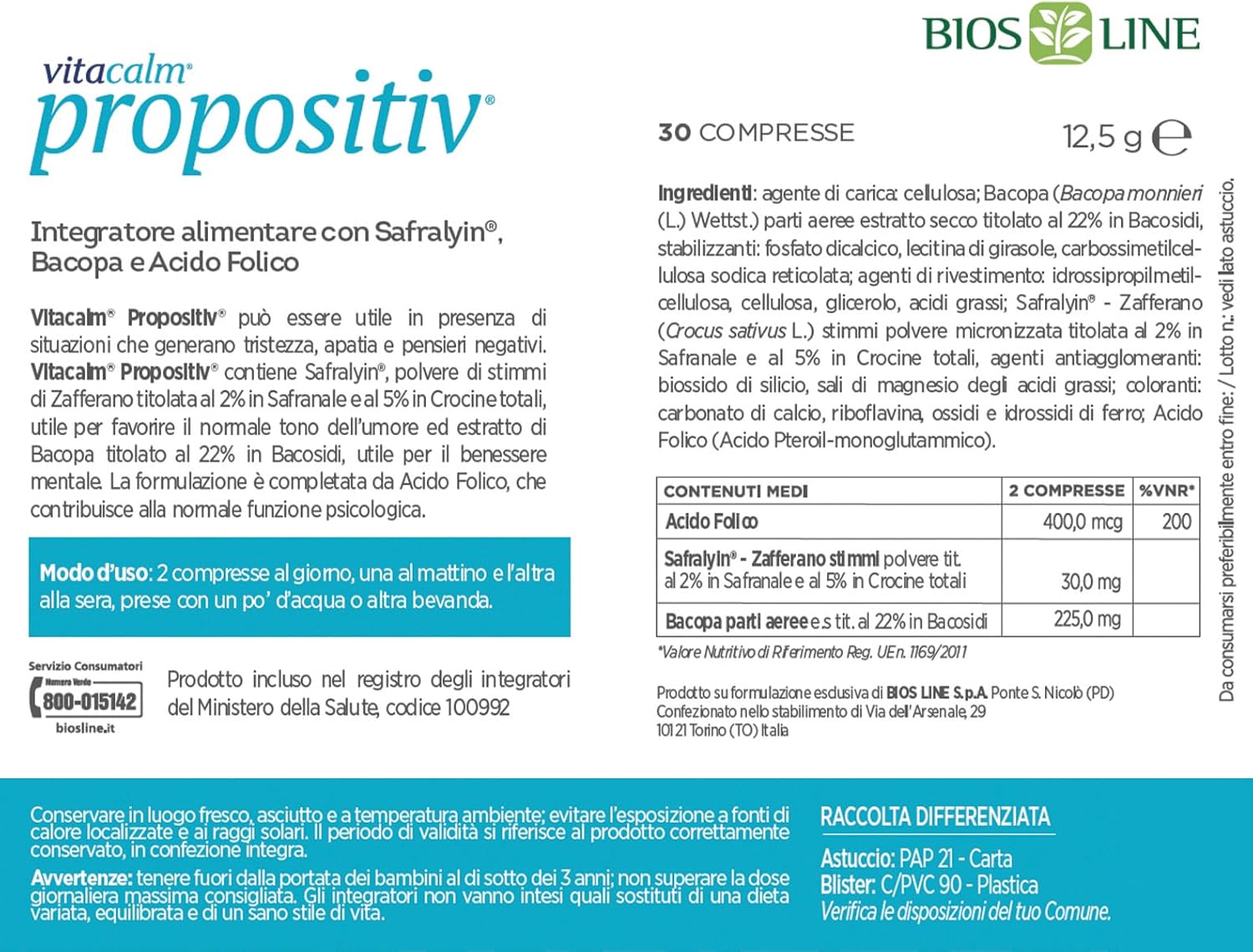 BIOS LINE VitaCalm Propositiv, Integratore alimentare con Safralyin, Polvere di stimmi di Zafferano ed estratto di Bacopa, 30 Compresse per regolarizzare l'umore e ritrovare la positività