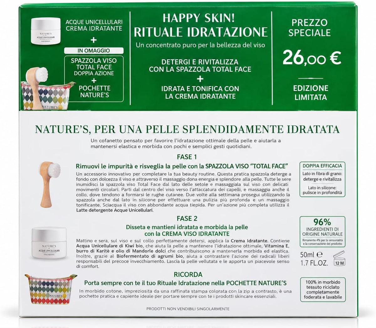 Happy Skin Rituale Idratazione acqua unicellulare crema idrtante spazzola viso e pochette