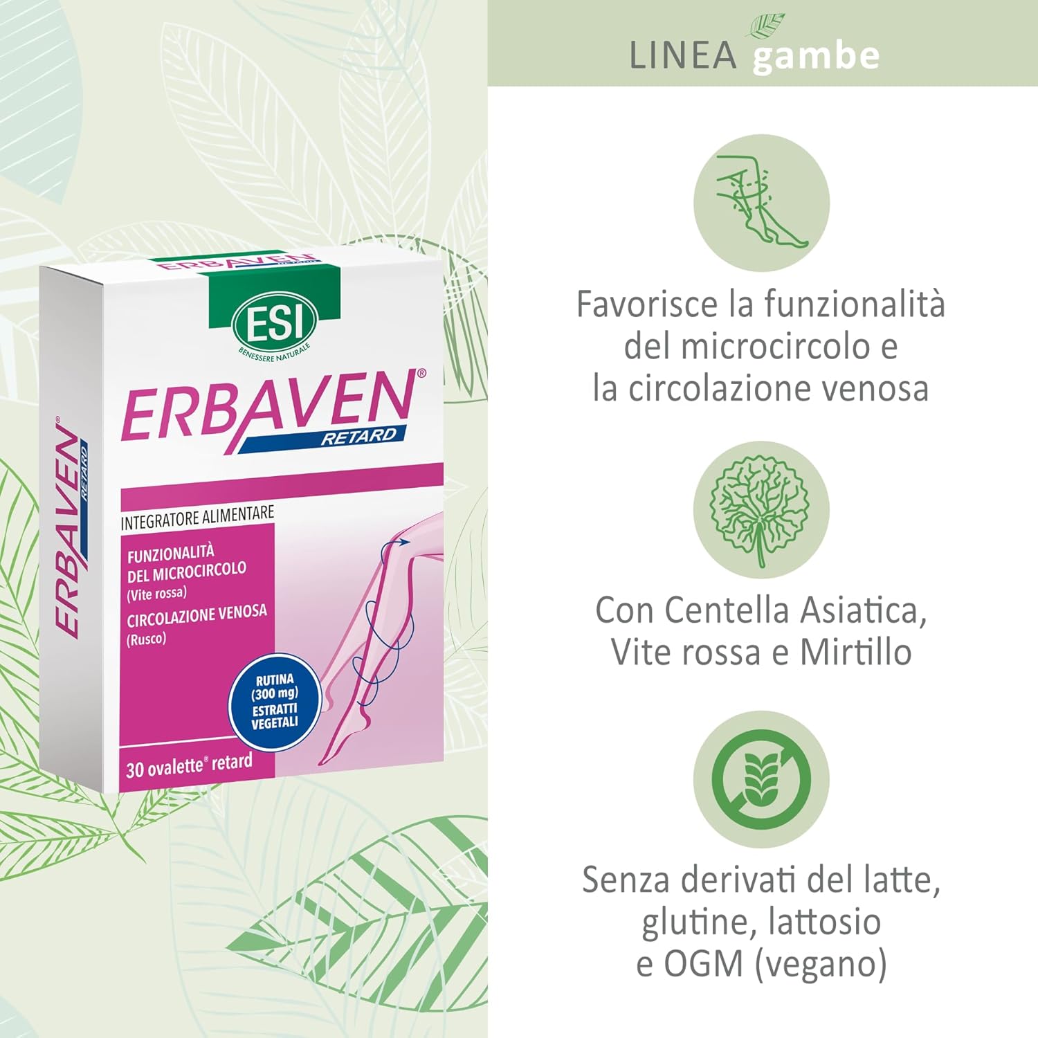 ESI - Erbaven Retard, Integratore Alimentare a Base di Vite Rossa, Rutina e Rusco, Favorisce la Funzionalità del Microcircolo e la Circolazione Venosa, Senza Glutine e Vegano, 30 Ovalette Retard