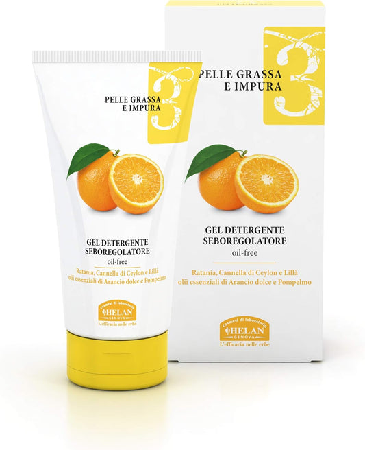Helan, Linea Viso 3, Gel Detergente Viso Pelle Grassa, Seboregolatore con Estratti Origine Vegetale (Ratania, Cannella e Olio Essenziale di Arancio Dolce e Pompelmo) 150ml - Made in Italy - Naturopatica shop & therapy