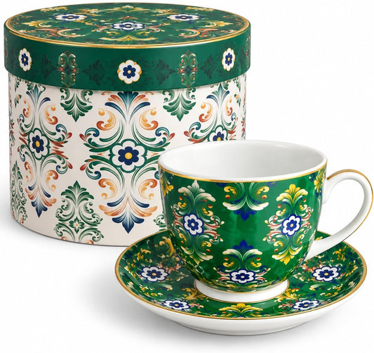 Tazza in Ceramica con Piattino – Decorazione Verde con Dettagli Dorati