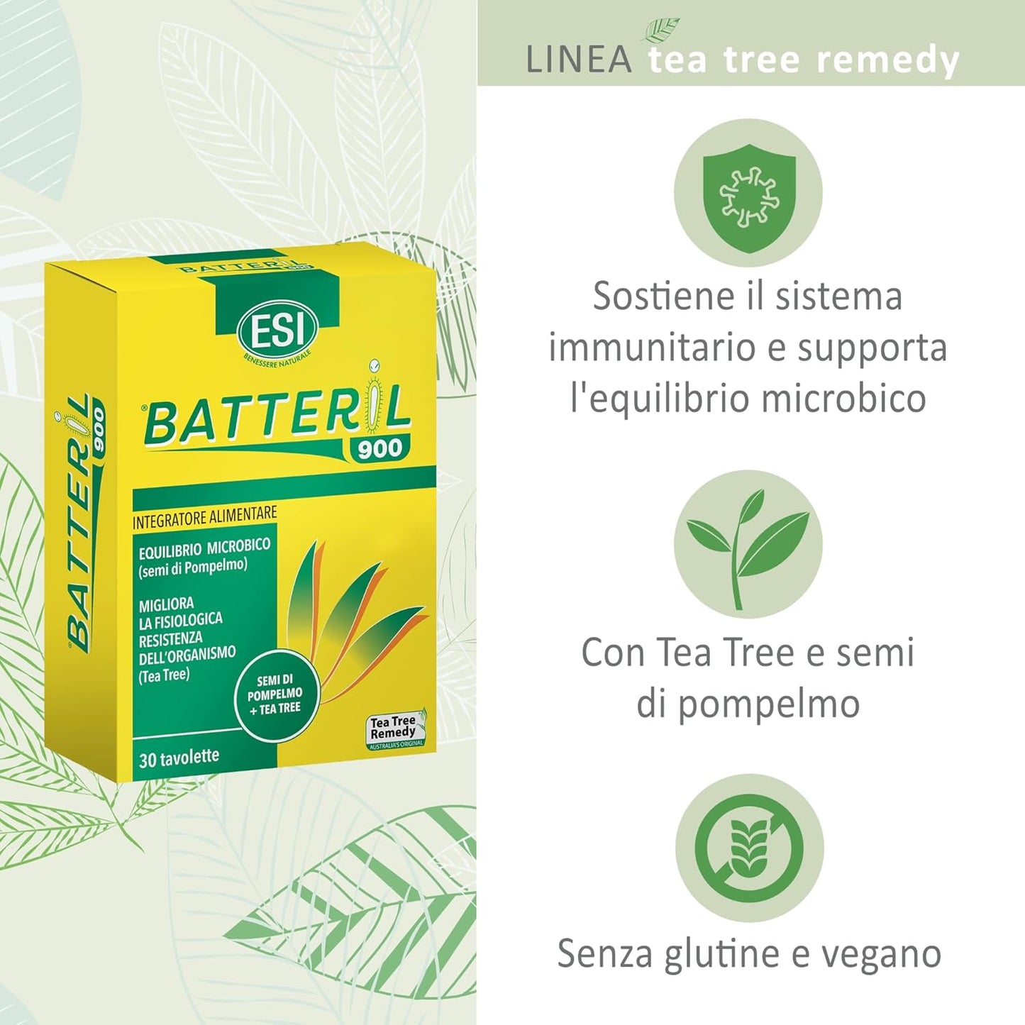 ESI - Batteril 900, Integratore Alimentare di Tea Tree Oil e Semi di Pompelmo, Sostiene il Sistema Immunitario, Favorisce l'Equilibrio Microbico, Senza Glutine e Vegan, 30 Tavolette - Naturopatica shop & therapy