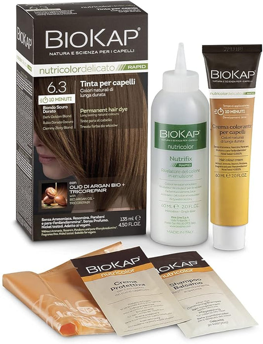 BIOKAP Nutricolor Delicato Rapid, Tinta capelli senza ammoniaca che rende i capelli morbidi, Colorazione capelli con 10 minuti di posa, 135 ml (6.3 Biondo Scuro Dorato)