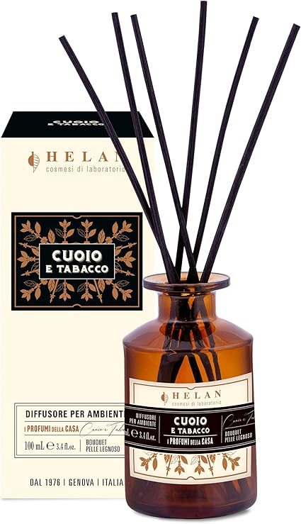 Helan Cuoio e Tabacco - Profumatore per Ambienti, Profumo Ambiente con Bastoncini per Diffusori con Incenso e Zafferano, Idee Regalo Deodorante e Profumatori Ambiente 100 ml, Profumi Made in Italy