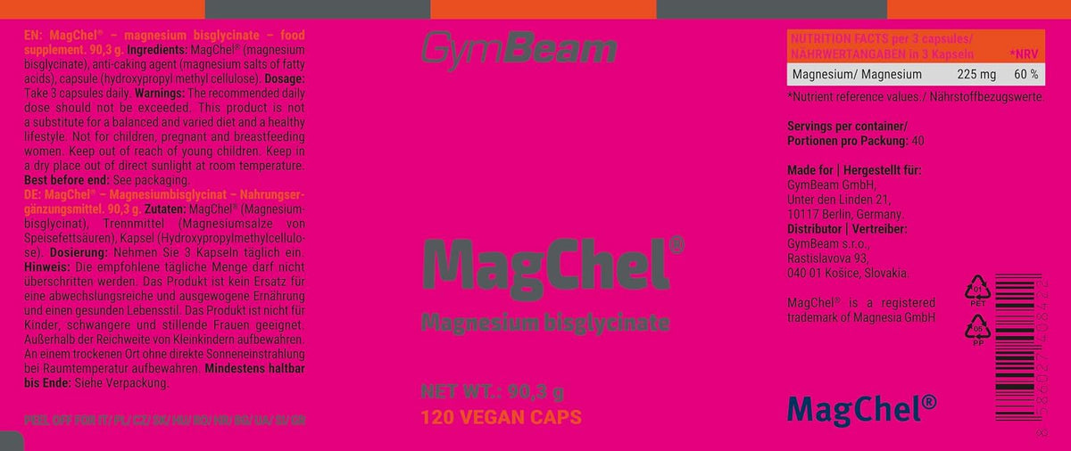 GymBeam MagChel® - Magnesio Bisglicinato - Magnesio Organico Puro per Sistema Nervoso, Ossa, Riduzione Stanchezza, Recupero Muscolare, Vegano, 120 cps