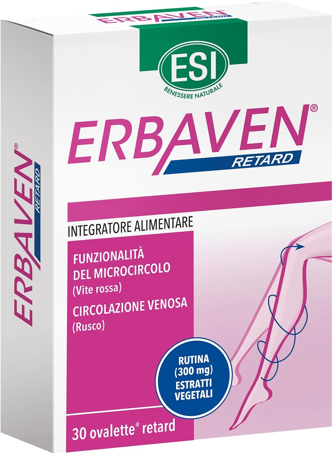 ESI - Erbaven Retard, Integratore Alimentare a Base di Vite Rossa, Rutina e Rusco, Favorisce la Funzionalità del Microcircolo e la Circolazione Venosa, Senza Glutine e Vegano, 30 Ovalette Retard