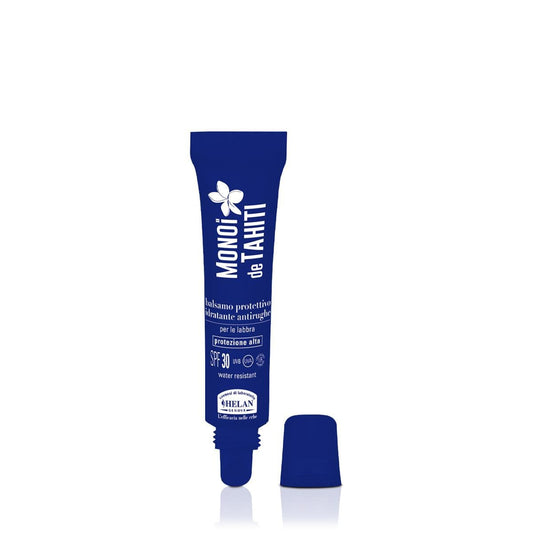 Helan, Monoï de Tahiti - Burrocacao Labbra Protezione Solare 30 Antirughe, Balsamo Labbra Idratante Acido Ialuronico, Lip Balm Waterproof Filtro UV/IR, Burro Cacao Vitamina E e Burro di Karitè, 15 ml - Naturopatica shop & therapy